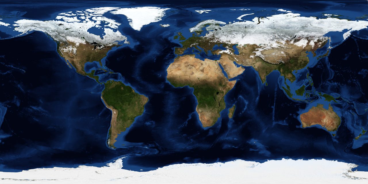 NASA Blue Marble Next Generation topography and bathymetry composite of Earth, used as a public-domain locational figure.